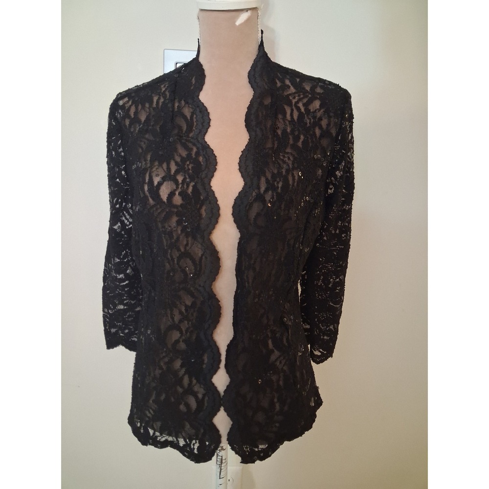 Vtg All Hours Womens Black Sequin Lace Open Front Cardigan Formal Small